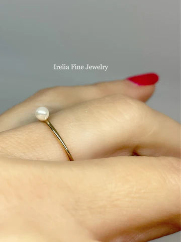 14k Yellow gold Skinny Stackable with Pearl, Size 7