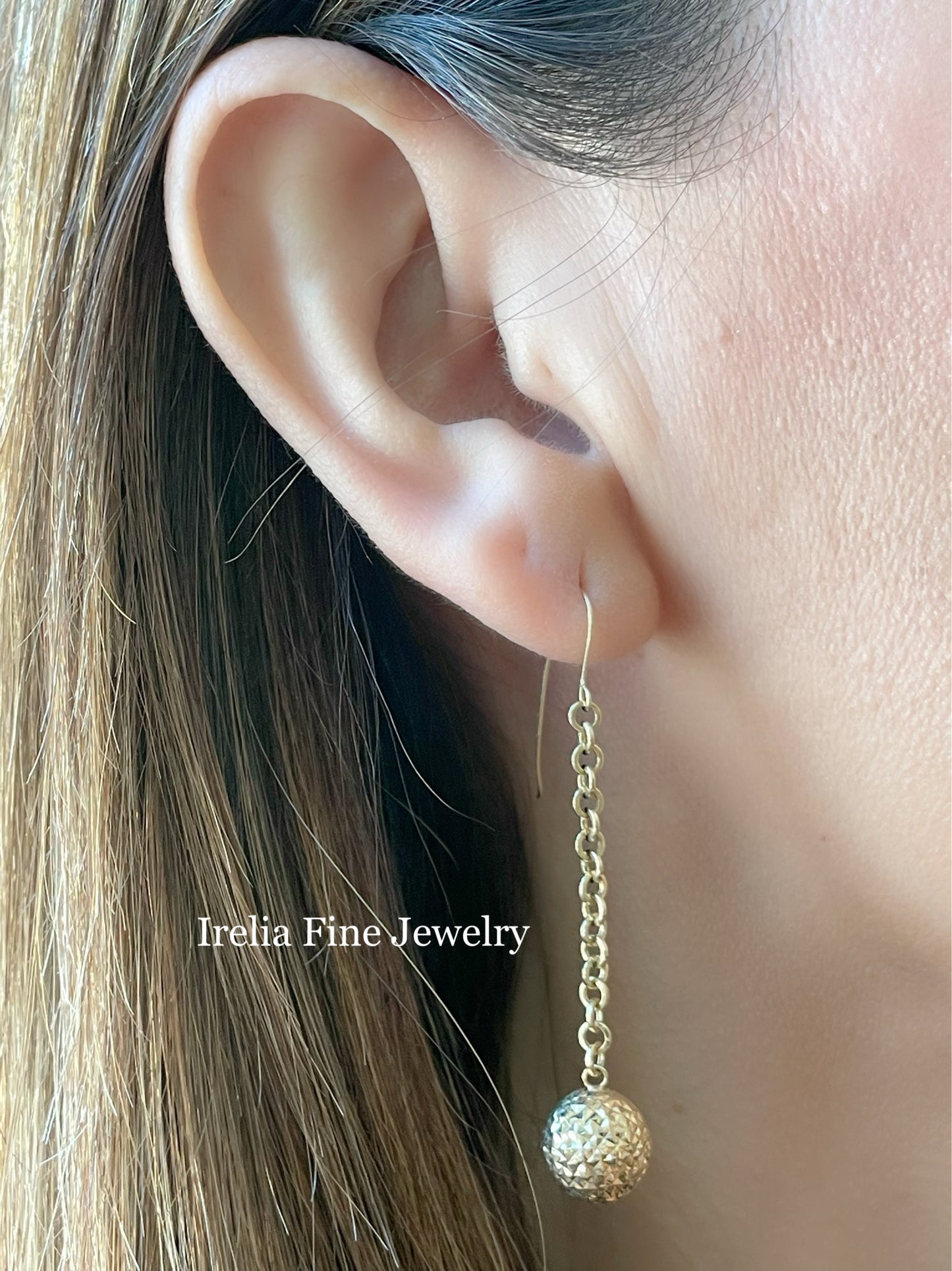 14k Yellow Gold Diamond Cut Bead Ball Dangle Earrings