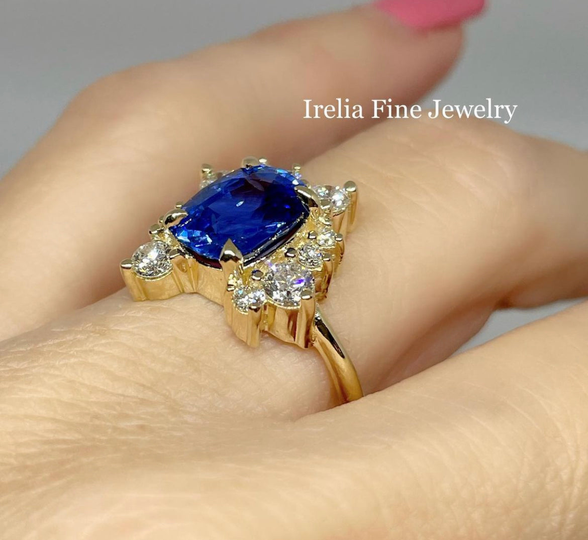 Custom14k Yellow Gold 3 Carat Sapphire Ring & Cluster Diamonds Ring