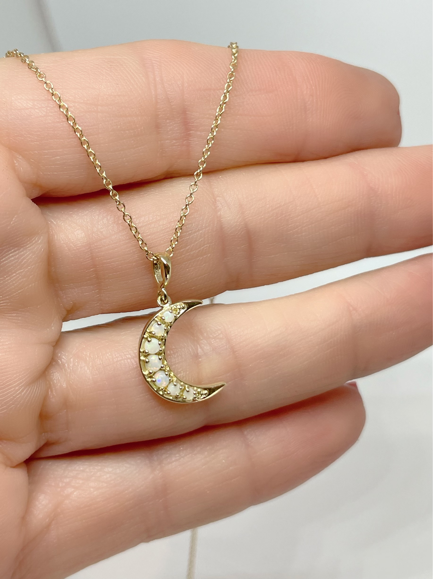 14K Yellow Gold Natural White Opal Cabochon Crescent Moon, comes with 14k yellow gold adjustable chain