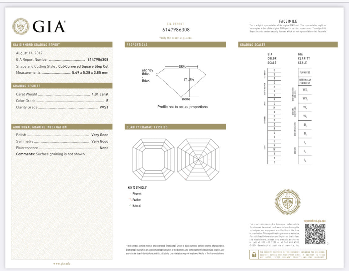 1.01 Carat Asscher Cut Diamond E , VVS1 , GIA CERTIFICATE 6147986308  //