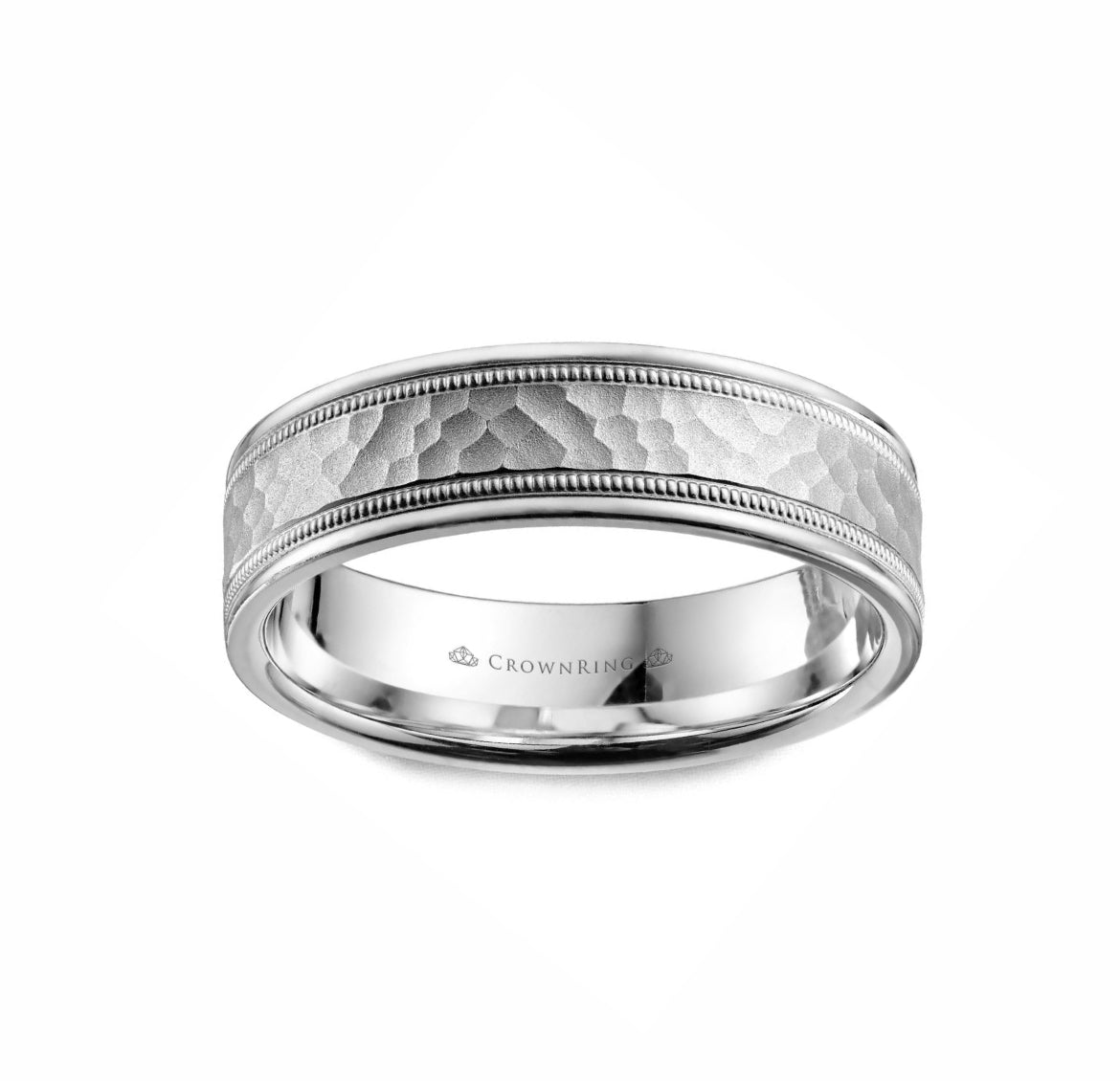 CrownRing Collection - 18k White Gold 6 Hammered Finish With Migraine Detailing