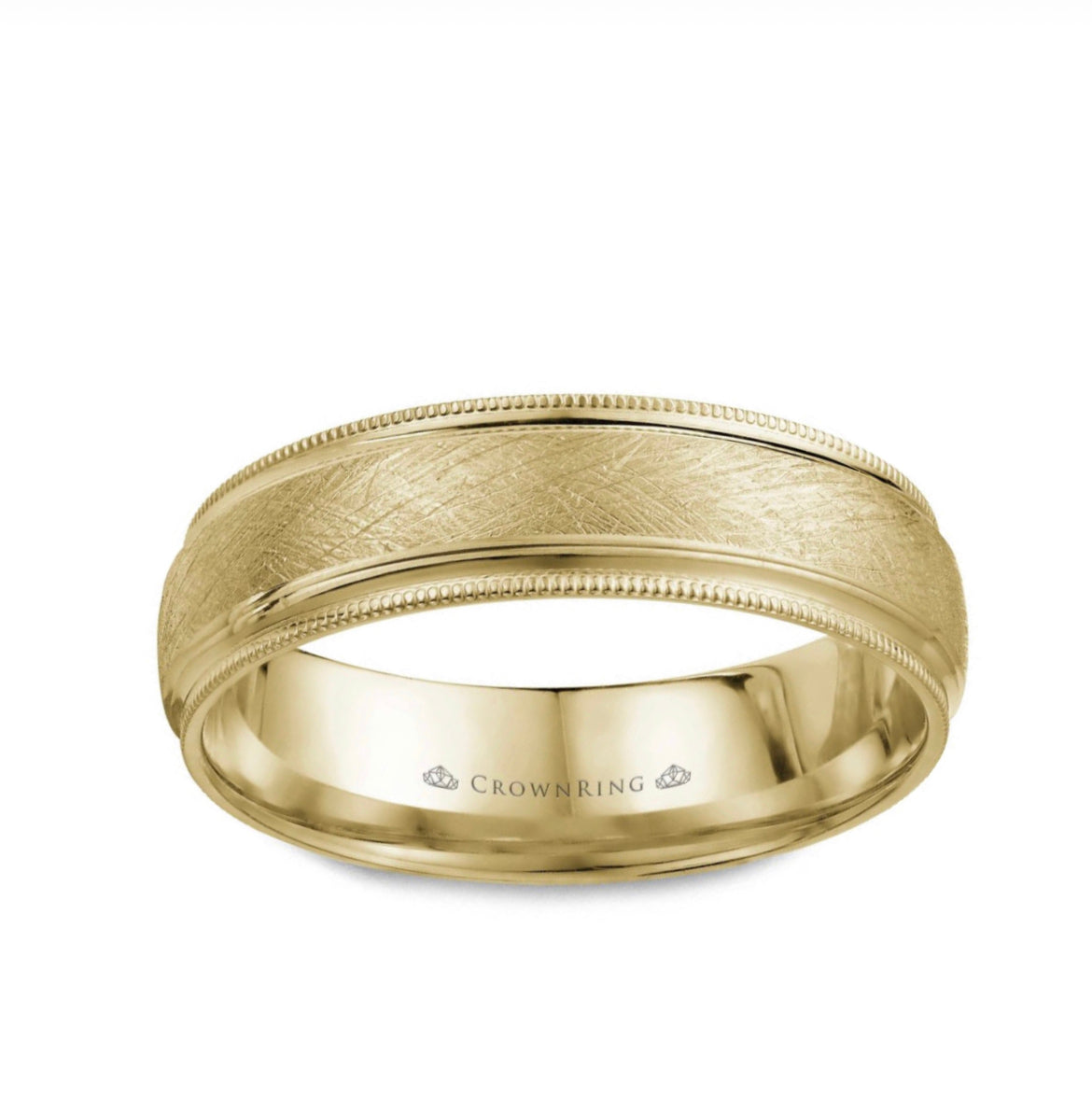 CrownRing Collection - 14k Yellow Gold 6mm with textured Center and Milgrain Edge.