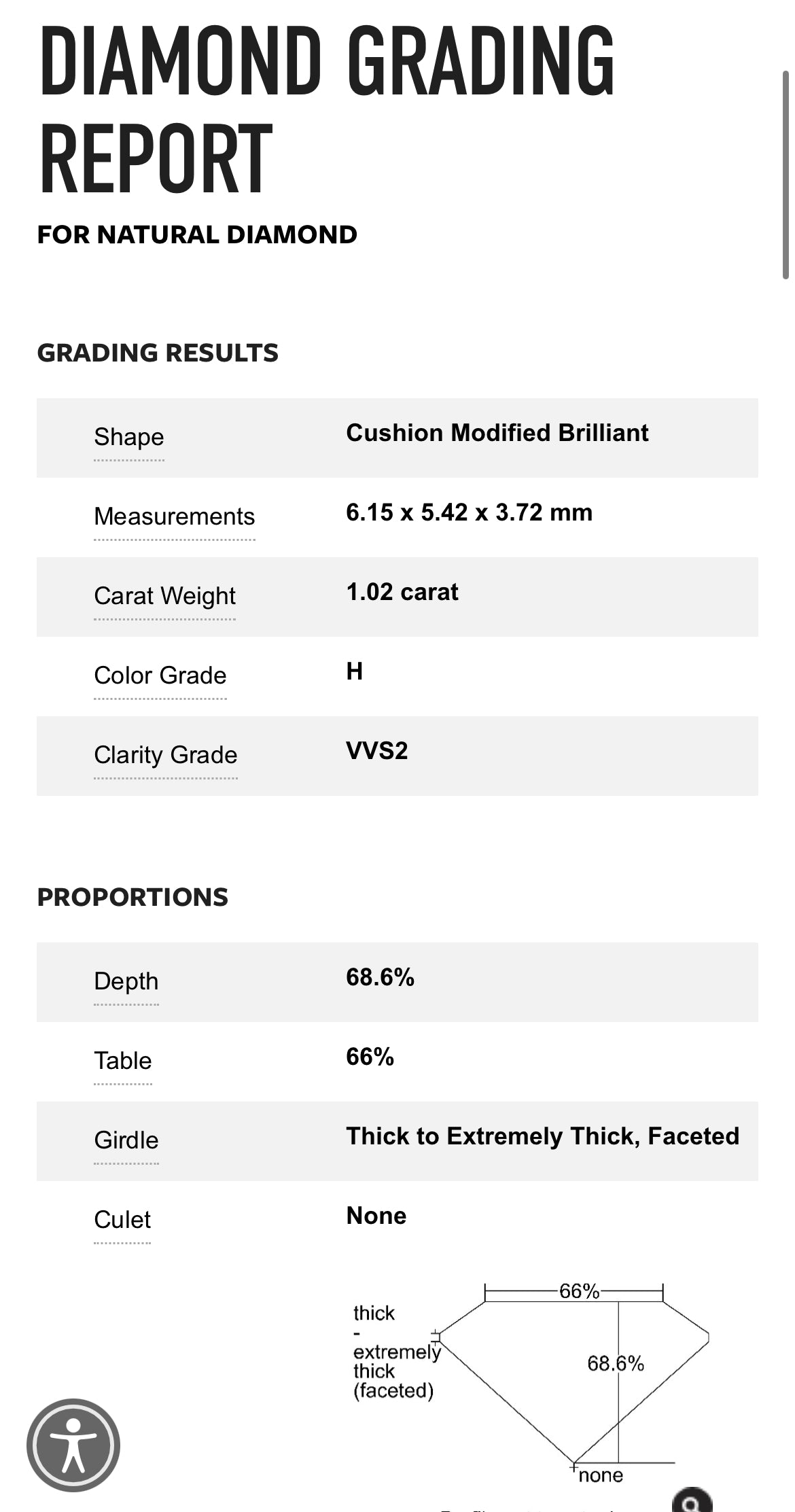1.02 Carat Cushion Cut Diamond H , VVS2 , GIA Certified  5222353137