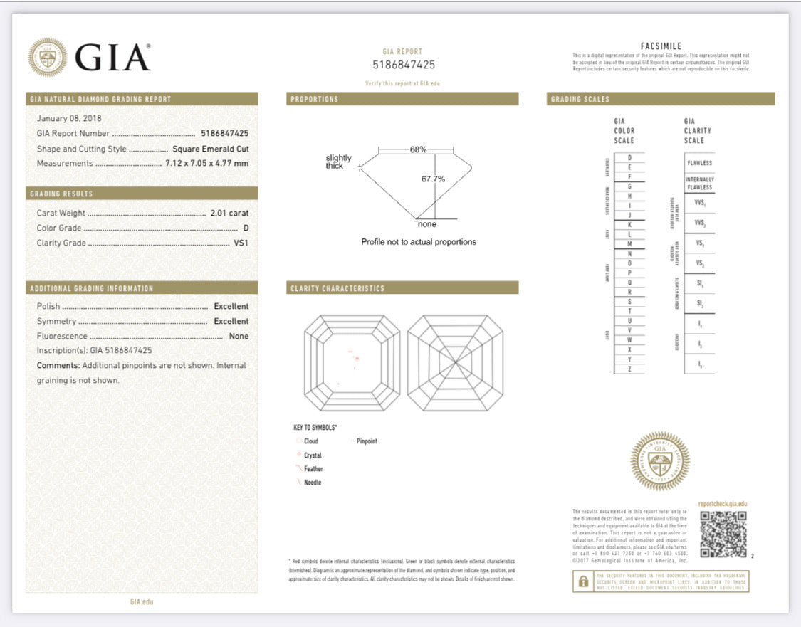 2.01 Carat Asscher Cut Diamond D , VS1 , GIA CERTIFICATE 5186847426 Total PRICE $33,478.00/ DEPOSITED REQUESTED