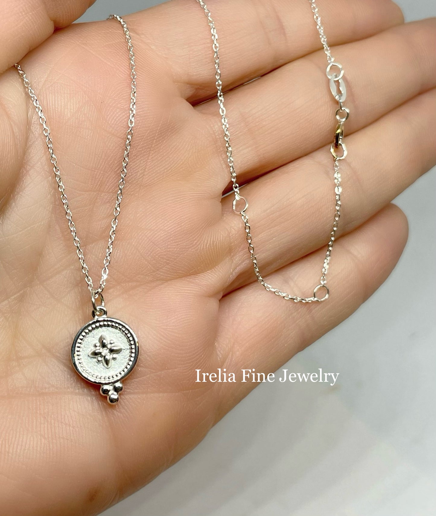 14k White Gold Beaded Disc Pendant, comes with 14k gold adjustable Chain
