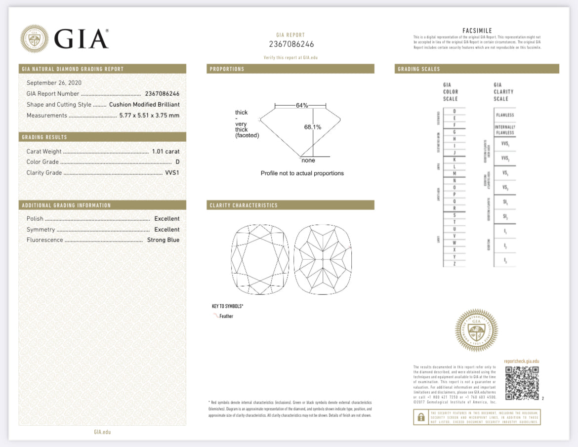 1.01 Carat Cushion Cut Diamond D , VVS1 , GIA Certified  6167167310