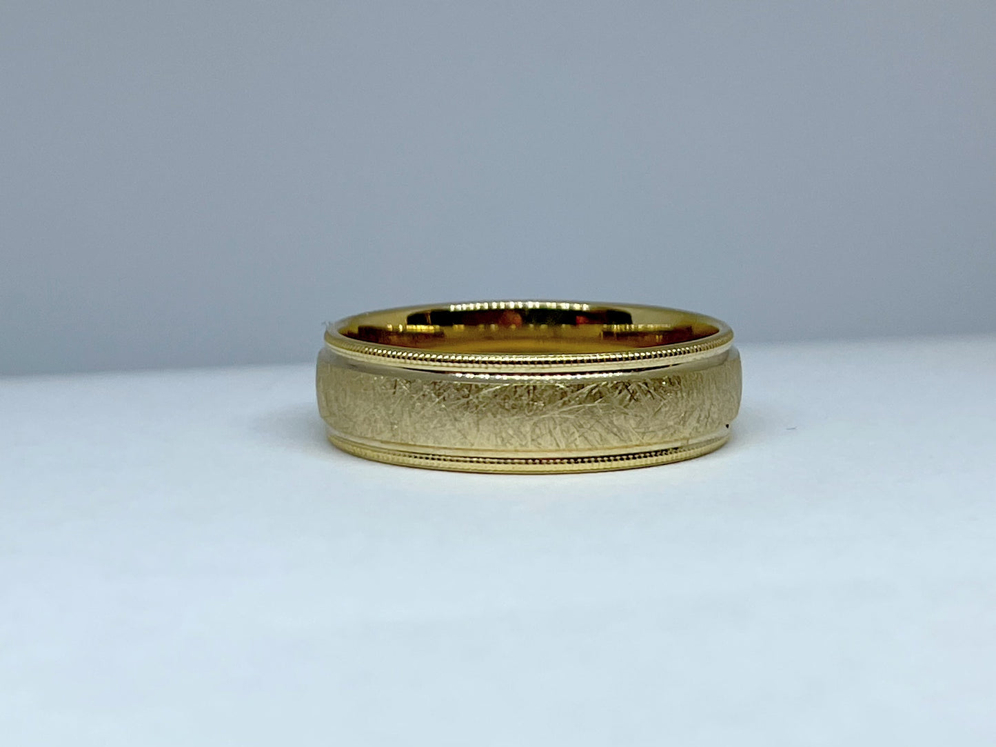 CrownRing Collection - 14k Yellow Gold 6mm with textured Center and Milgrain Edge.