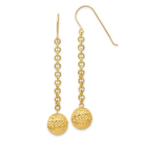 14k Yellow Gold Diamond Cut Bead Ball Dangle Earrings